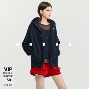 4770 HAVVA宽松连帽开衫 加绒加厚短卫衣外套女士上衣2026春季
