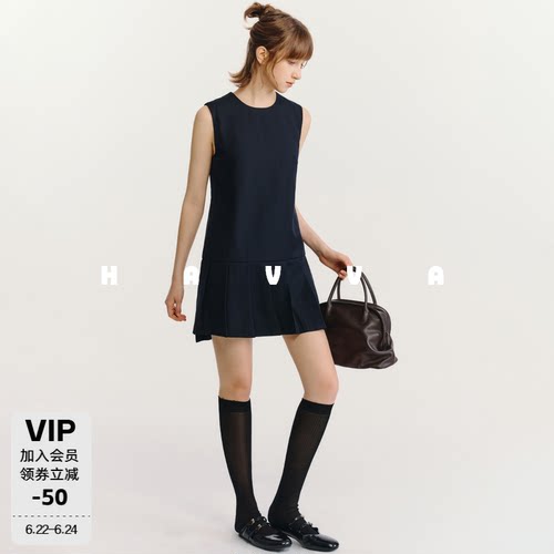 HAVVA无袖微A西装料百褶连衣裙