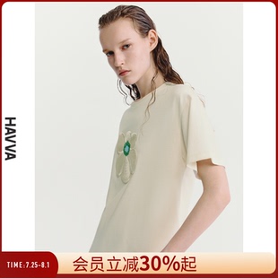 HAVVA设计感小众刺绣短袖 1215 T恤女长绒棉舒适半袖 上衣2025夏T3