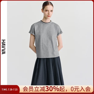 T69861 HAVVA短袖 t恤女短款 宽松灰色体恤圆领半袖 上衣2025夏季