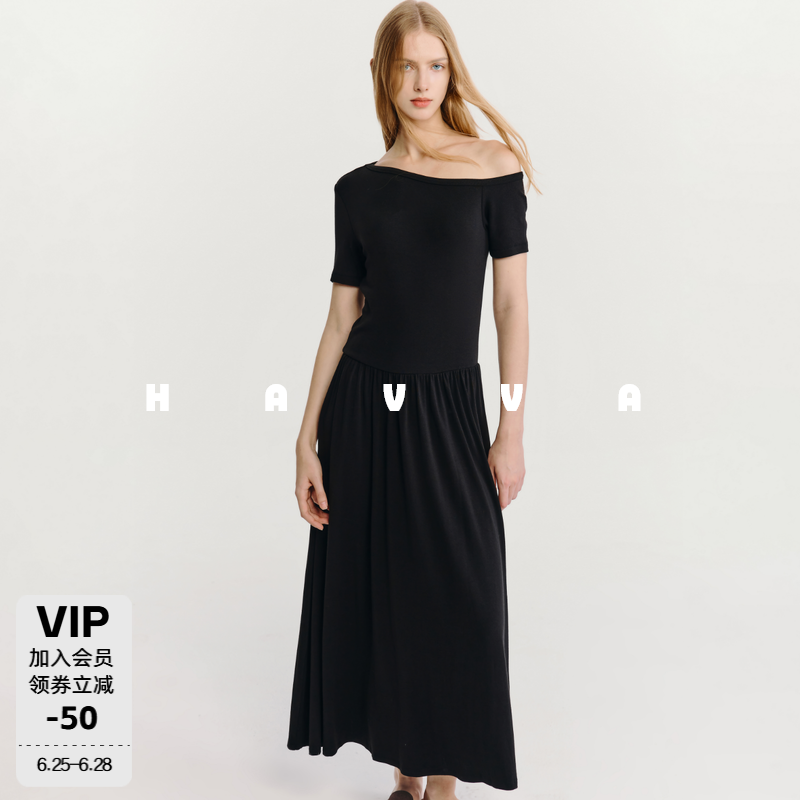 HAVVA一字斜肩大摆连衣裙