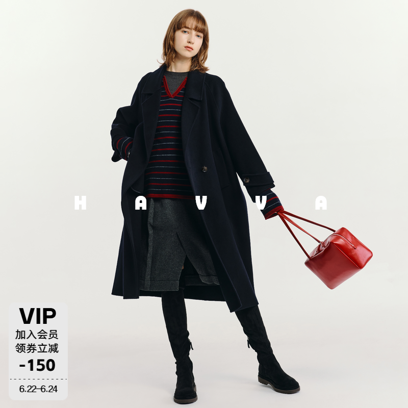 HAVVA摩登廓形中长双面呢100%绵羊毛大衣女士外套2025冬季N29140