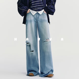 2025秋冬KN3 脚毛边直筒牛仔裤 3891 女裤 HAVVA水洗手工磨破阔腿裤
