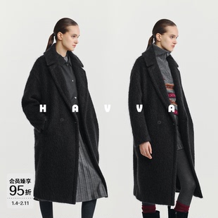 HAVVA高级感廓形翻领毛呢女大衣中长款保暖呢子外套2025冬N3-4132
