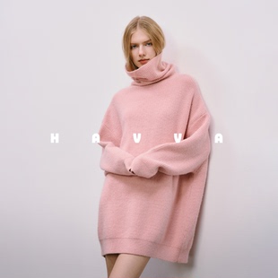 HAVVA慵懒感高领毛衣连衣裙麻花纹理保暖女士裙装2025冬Q3-02750