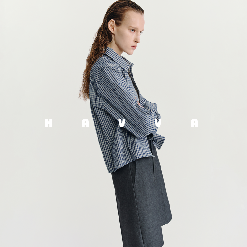 HAVVA经典复古格纹长袖衬衫短款好穿搭女开衫上衣2025秋冬C3-4304