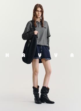 HAVVA设计感假两件宽松条纹卫衣中长款女休闲上衣2026春季V3-4295