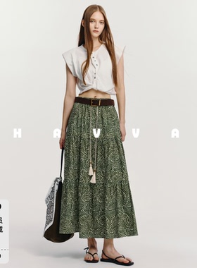 HAVVA佩斯利腰果花松紧腰抽绳流苏层叠褶裥半身长裙2026夏S3-5947
