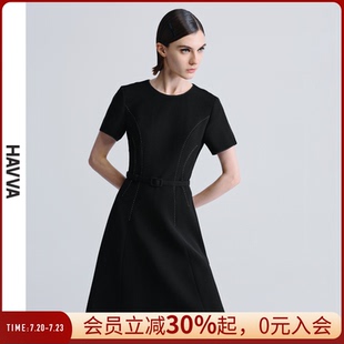 HAVVA小众半袖 Q2424 配腰带连衣裙收腰修身 显瘦女士裙子2025夏季