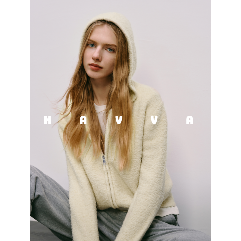 HAVVA慵懒绒感软糯针织开衫外套连帽女士毛衣2025冬季L3-05630