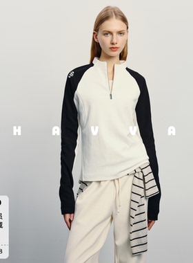HAVVA撞色插肩袖半拉链立领长袖T恤修身女士卫衣2026秋季V3-08010