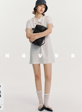 HAVVA芭蕾风立体波浪边横条纹短袖H型T恤连衣裙2026夏季Q3-7249