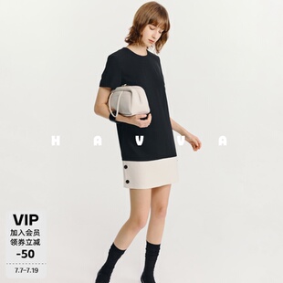 HAVVA天猫减龄学院风短款直筒侧口袋短袖连衣裙2026夏Q3-7432