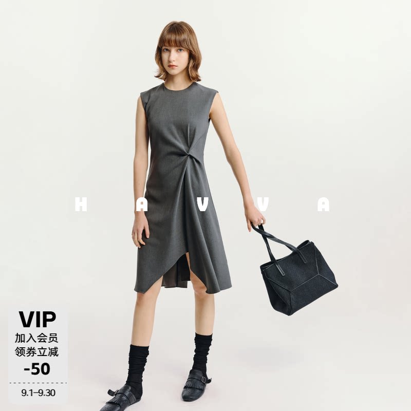 HAVVA圆领无袖扭结连衣裙不规则开叉设计女士裙子2026夏季Q73032图片