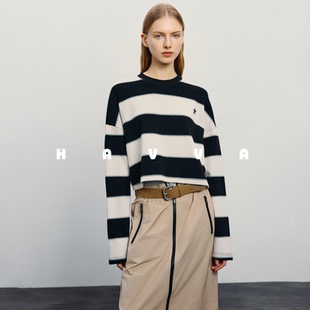HAVVA棉润舒适松弛感宽条纹短款长袖T恤女打底衫2026春季T3-2958