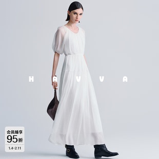 HAVVA法式薄纱微透短袖连衣裙飘逸垂坠感女士长裙2026夏Q3-3567