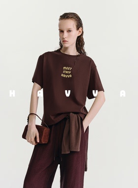 HAVVA简约字母印花圆领T恤短款舒适好穿搭女士上衣2025夏T3-1247