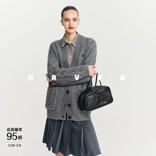 HAVVA宽松V领针织开衫中长款慵懒感女士毛衣外套2025秋冬L3-2741
