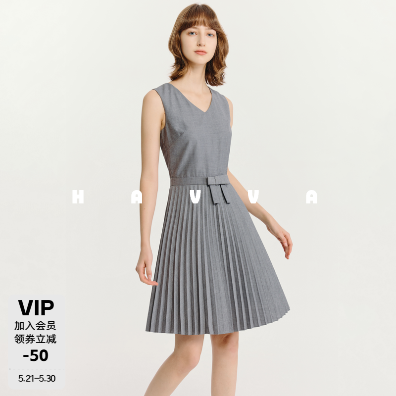 HAVVA无袖V领百褶连衣裙收腰蝴蝶结装饰显瘦女士裙子2026夏Q23740