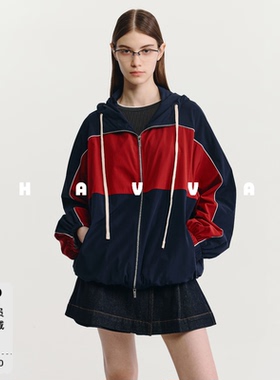 HAVVA运动休闲风撞色连帽夹克外套宽松女士开衫上衣2026春W3-4256