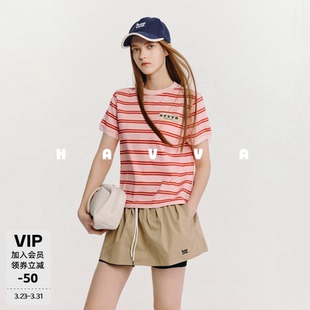 HAVVA经典 T恤柔软棉质女士上衣2026夏季 3511 撞色条纹圆领短袖