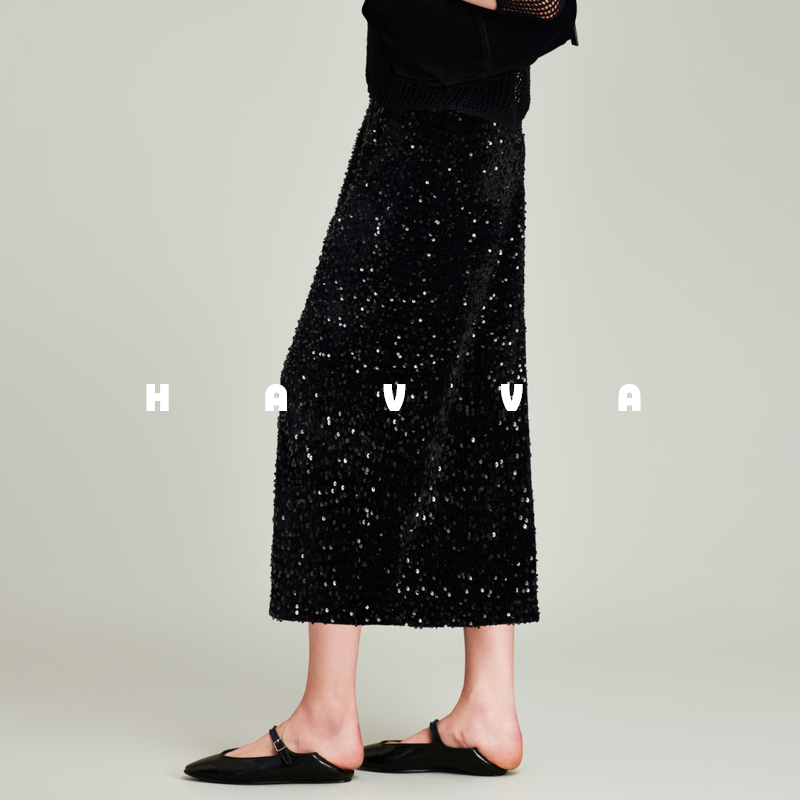 HAVVA重工亮片直筒半身裙中长款后开叉女一步裙2025秋冬S3-30840,女装/女士精品,半身裙,淘宝优惠券,粉丝福利购,淘宝优惠卷