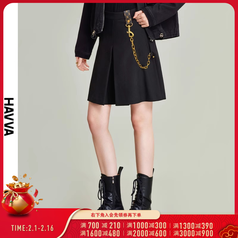 HAVVA2024春季新款黑色短裤女显瘦宽松阔腿裤子裙裤休闲裤K9931