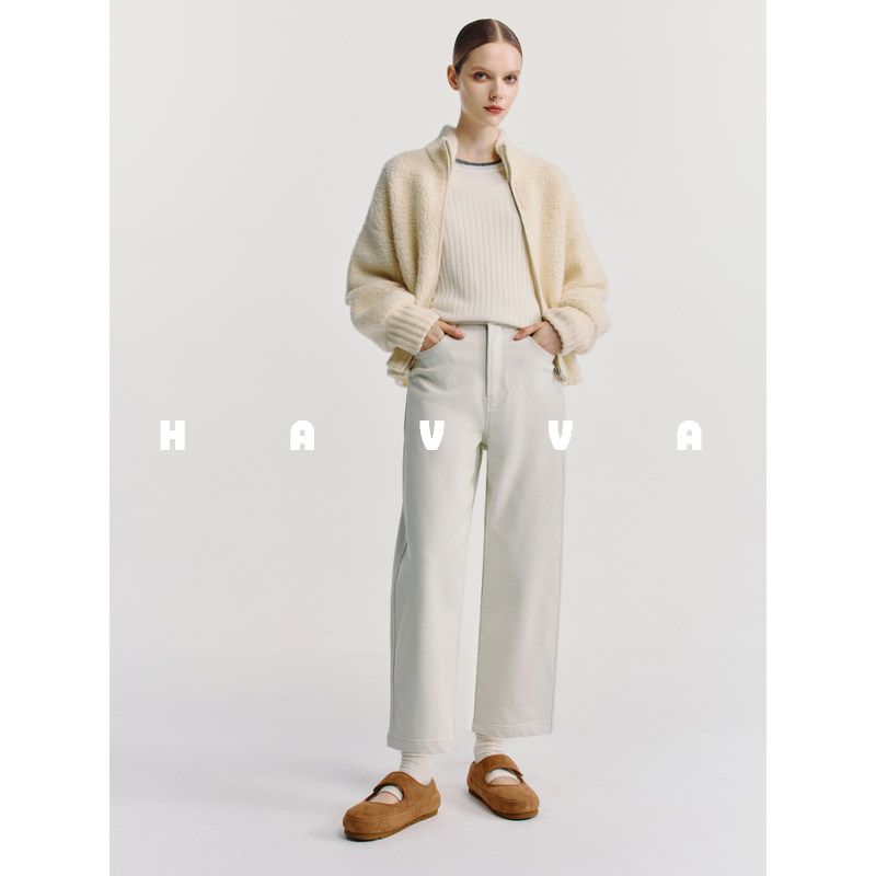 HAVVA加绒加厚九分直筒牛仔裤遮胯显瘦女士裤子2025秋冬KH3-3795