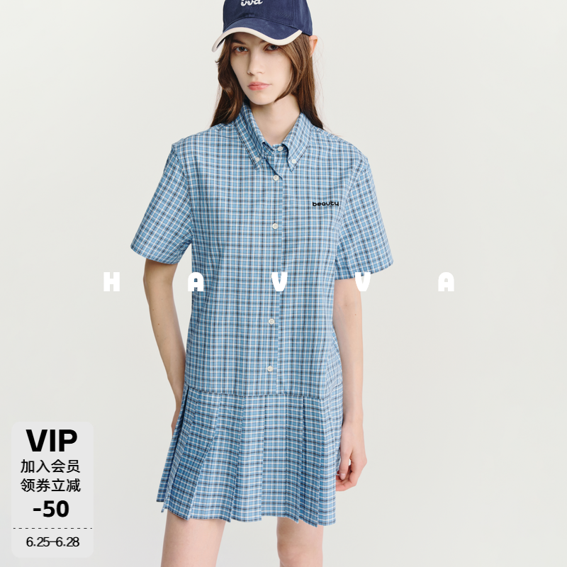 HAVVA格纹翻领短袖百褶连衣裙