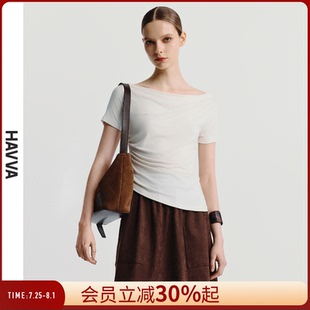 通勤上衣ins風(fēng)2025春夏T3 HAVVA修身 短袖 t恤女氣質(zhì)一字領(lǐng)半袖 0091