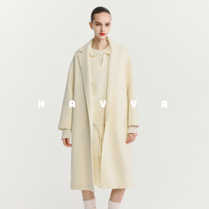HAVVA廓形版中长款100%绵羊毛大衣双面呢女毛呢外套2025冬N3-2488