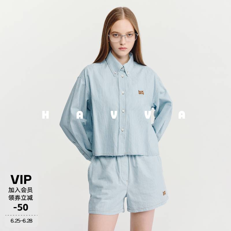 HAVVA短款条纹衬衫式外套毛边下摆女士开衫上衣2026秋季W3-5447