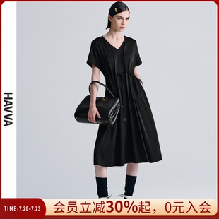 垂感女士裙子2025夏季 HAVVAA字抽繩收腰雪紡連衣裙中長(zhǎng)款 Q2271