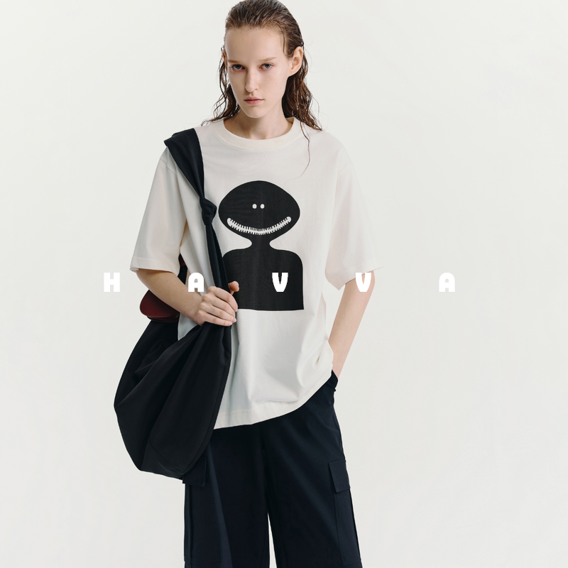 HAVVA撞色圆领短袖T恤精梳双股长绒棉舒适女士上衣2025夏T3-1528