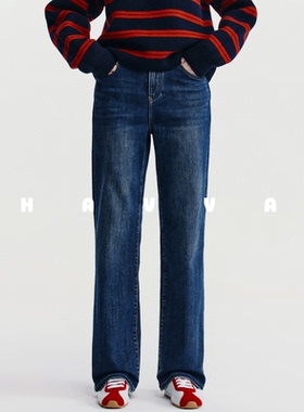 HAVVA高腰直筒加绒加厚牛仔裤修饰腿型女士裤子2025年冬KH3-5169
