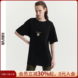 上衣休閑2025夏季 T71331 T恤女寬松慵懶半袖 HAVVA黑色印花短袖
