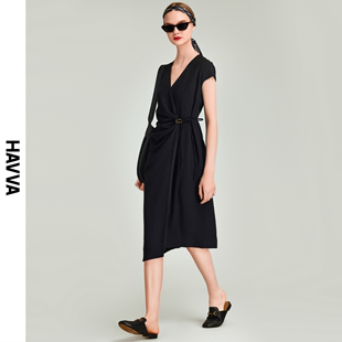 HAVVA2024夏季 v领设计感小众法式 气质连衣裙女修身 新款 裙子Q2261