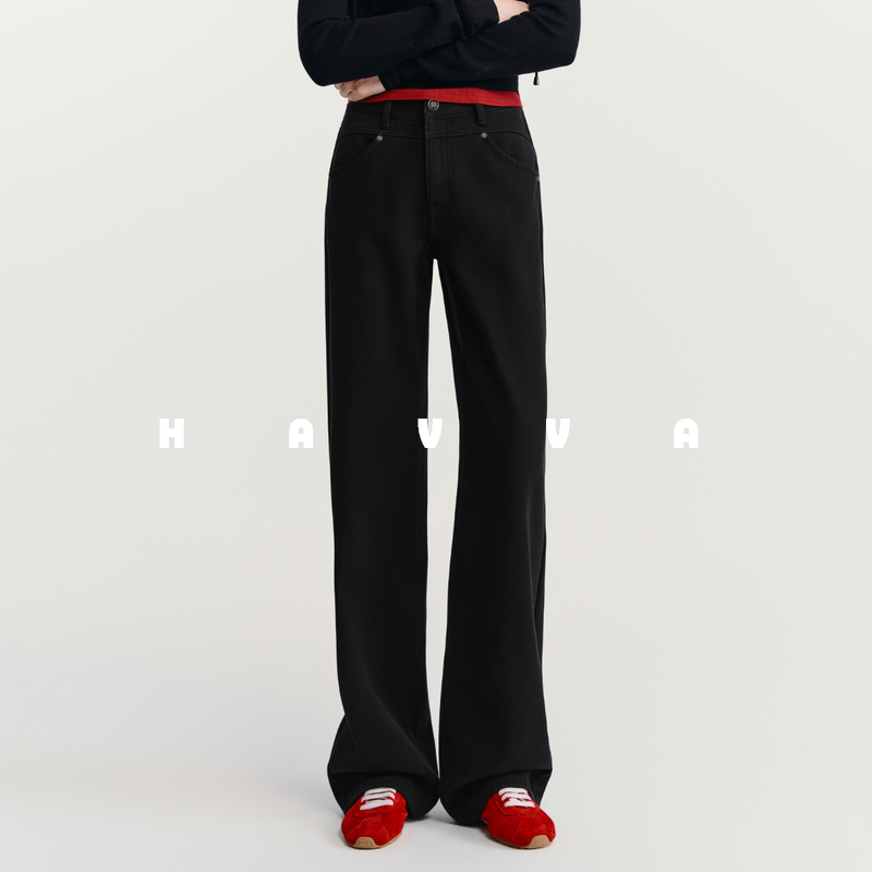 HAVVA一条过冬窄版加绒加厚牛仔裤阔腿遮胯女裤子2025冬KH3-32400