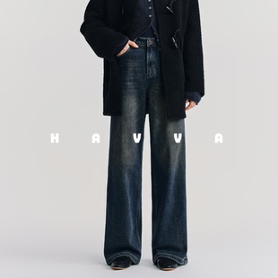 KH3 子2025冬季 3804 遮胯显瘦女士裤 HAVVA宽松加绒加厚直筒牛仔裤