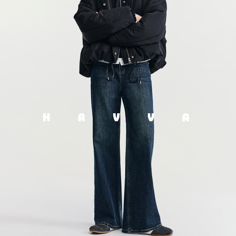 HAVVA超好穿加绒直筒牛仔裤松弛感显瘦女阔腿裤2025冬季KH3-5182