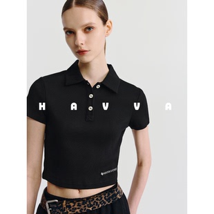 上衣2025夏T3 HAVVA简约刺绣Polo领短袖 女士半袖 修身 1395 T恤短款
