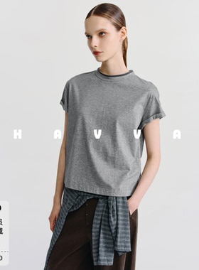 HAVVA简约ins风女短款宽松灰色体恤圆领半袖上衣2026夏季T69861