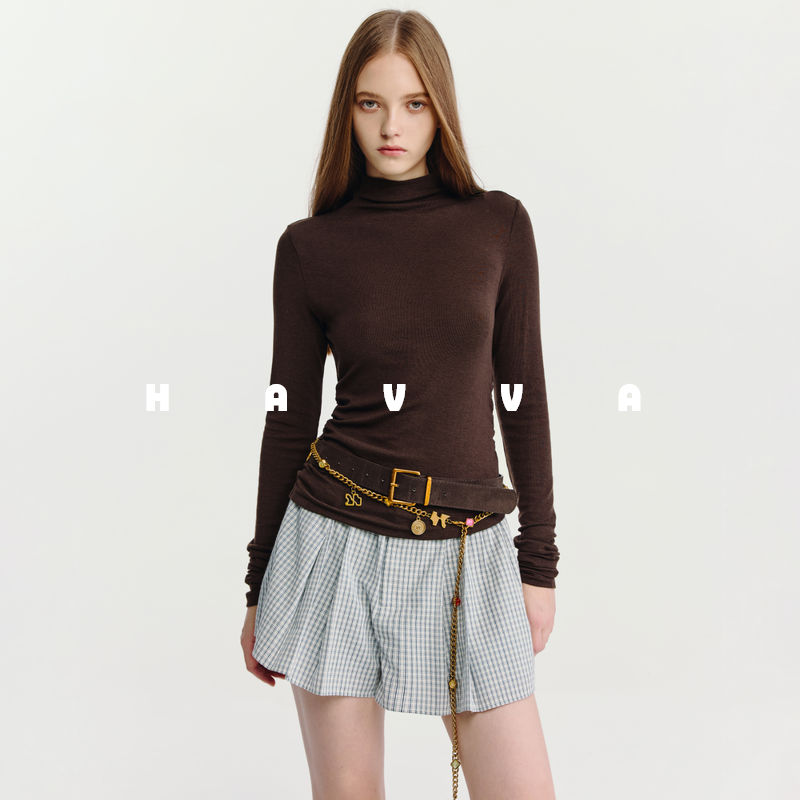 HAVVA高级感侧面缩褶打底衫半高领长袖T恤女内搭2025冬季T3-5361