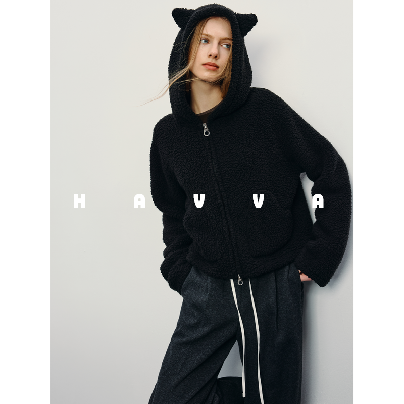 HAVVA双开拉链连帽立耳短外套软糯摇粒绒女上衣2025秋冬W3-2902