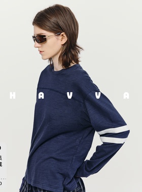 HAVVA休闲长袖T恤宽松舒适精梳长绒棉女士上衣2026春季T3-4680