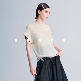 HAVVA垂顺凉感亚麻混纺短袖针织衫T恤女半袖上衣2026夏季M3-3411