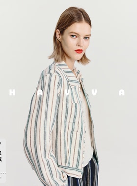 HAVVA翻领美学拼色条纹短外套宽松显瘦女士上衣2026秋季W3-4932