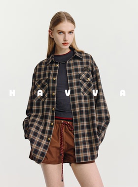 HAVVA美学拼色绒感格纹长袖衬衫慵懒感女士上衣2026春季C3-4671