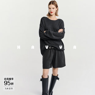 HAVVA下摆不对称设计圆领毛衣女保暖套头针织衫上衣2025冬M3-5043