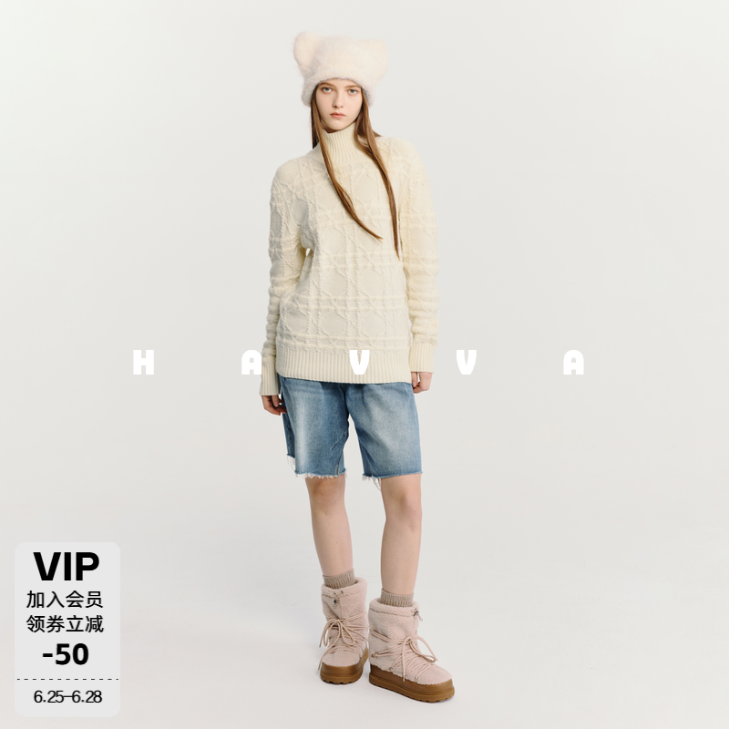 HAVVA半高领格纹绞花针织衫女舒适套头毛衣上衣2026春季M3-2690
